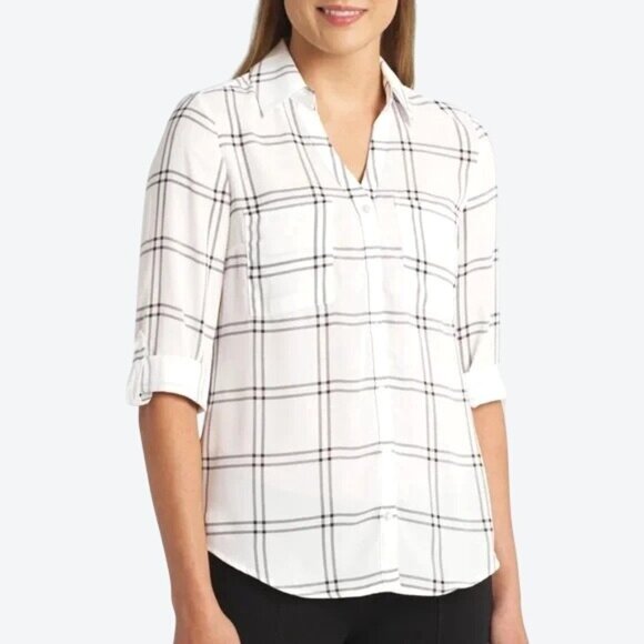 FORTUNE + IVY Christelle White & Black Plaid Button Down Blouse 3/4 Sleeve XL - Picture 1 of 16